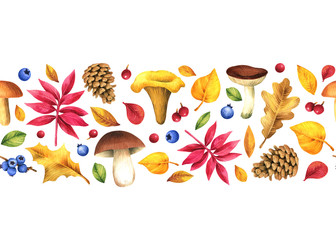 Horizontal seamless border with autumn leaves, cones and mushrooms on a white background. Watercolor illusion of hand drawing.
