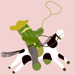 Funny card with cactus-cowboy with lasso riding a farm's horse. Funny vector cartoon card.