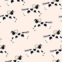Seamless pattern with black and white  galloping horses on the pink background. Cute vector cartoon background for dresses,textiles, wallpapers, designer paper, etc