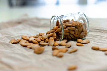 Bowl of  toasted almonds on a gray background