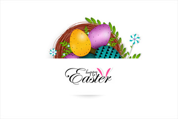 Easter poster and banner template with Flower, Easter eggs in the nest on white background.Greetings and presents for Easter Day in flat lay styling.Promotion and shopping template for Easter Day