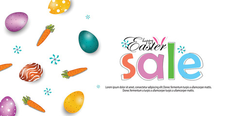 Easter poster and banner template with Fowler, carrots and Easter eggs in the nest on white background. Promotion and shopping template for Easter Day