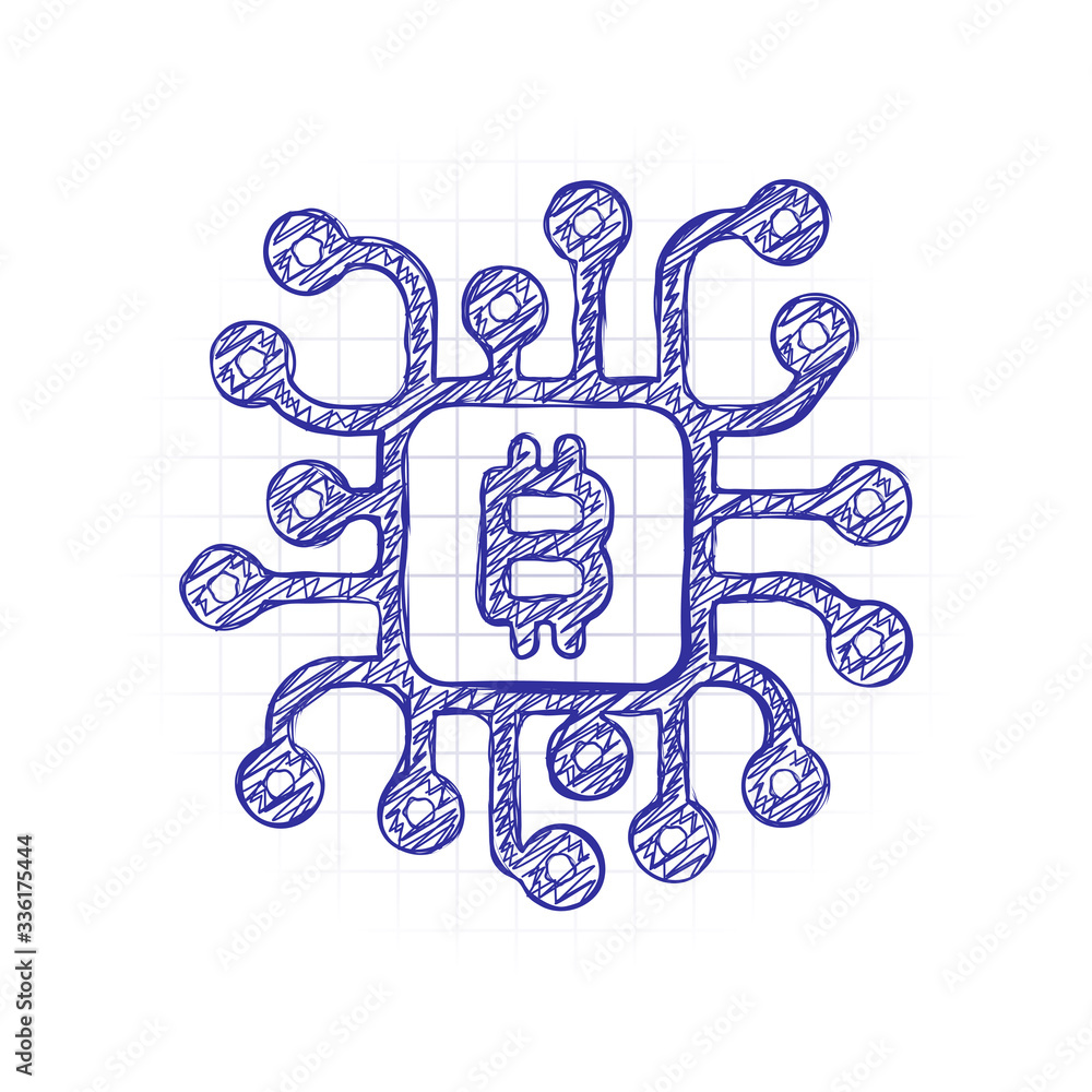Aufkleber linear bitcoin chip icon. processor for farming. hand drawn sketched picture with scribble fill. blu