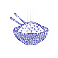 Bowl of rice with chopsticks. Icon of asian food. Hand drawn sketched picture with scribble fill. Blue ink. Doodle on white background