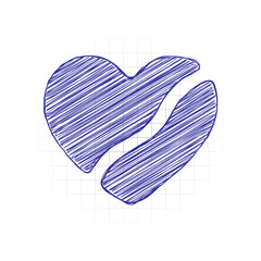 Broken heart, crack in relationship. Icon of divorce. Hand drawn sketched picture with scribble fill. Blue ink. Doodle on white background
