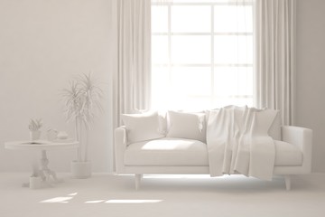 White minimalist living room with sofa. Scandinavian interior design. 3D illustration