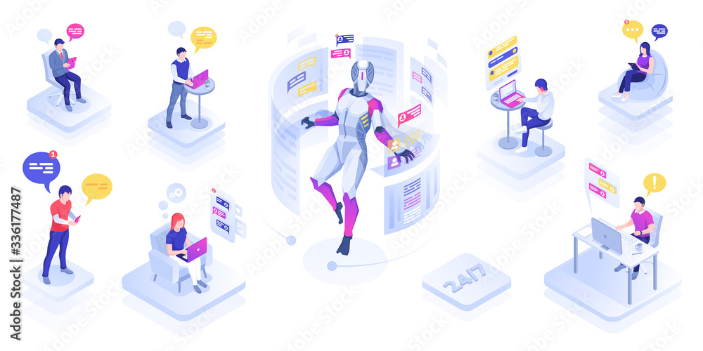 Poster Chat robot or virtual assistant helping users. Chatbot or support bot message people. AI operating. Sign design artificial intelligence conversation or online assistance. Chatterbot, speech bubble