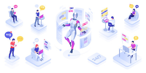 Chat robot or virtual assistant helping users. Chatbot or support bot message people. AI operating. Sign design artificial intelligence conversation or online assistance. Chatterbot, speech bubble