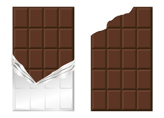 Chocolate bar drawing. Chocolate in a torn wrapper. Chocolate without packaging on white background.