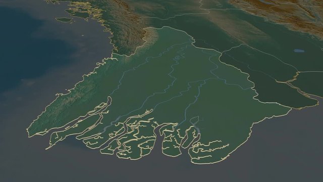 Ayeyarwady, division with its capital, zoomed and extruded on the relief map of Myanmar in the conformal Stereographic projection. Animation 3D