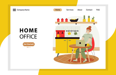 Obraz na płótnie Canvas Home office landing page template. A young woman freelancer is sitting in a modern kitchen at a table with a laptop and a cup of coffee. Workdays on self-isolation. Simple flat vector illustration