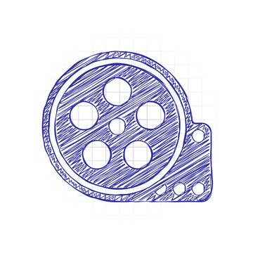 Film roll, old movie strip icon, cinema logo. Hand drawn sketched picture with scribble fill. Blue ink. Doodle on white background