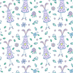 Funny seamless pattern with rabbits for kids Easter cute bunny, abstraсt flowers. Perfect for fabrics print, background, wallpaper. Vector element for your design.