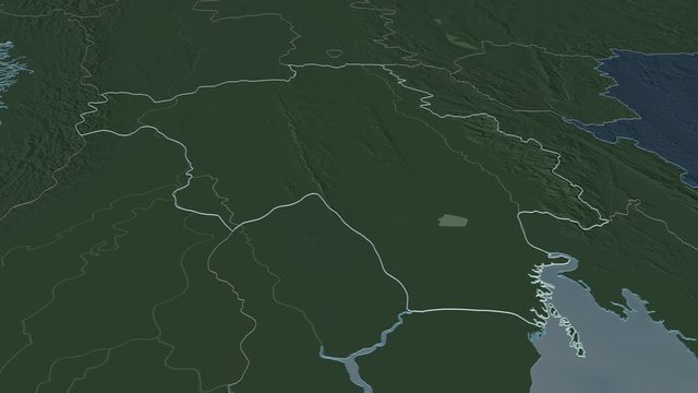 Bago, division with its capital, zoomed and extruded on the administrative map of Myanmar in the conformal Stereographic projection. Animation 3D