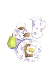 Colour sketch of dishes at breakfast