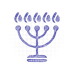 Hanukkah icon or menorah lamp. Outline Jewish Candles. Hand drawn sketched picture with scribble fill. Blue ink. Doodle on white background