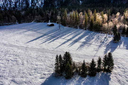 Germany, Bavaria, Reit im Winkl, Helicopter view of snow-covered landscape in?Chiemgau Alps