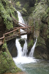  wooden bridge across a waterfall river in a mountain forest in Sichuan, China