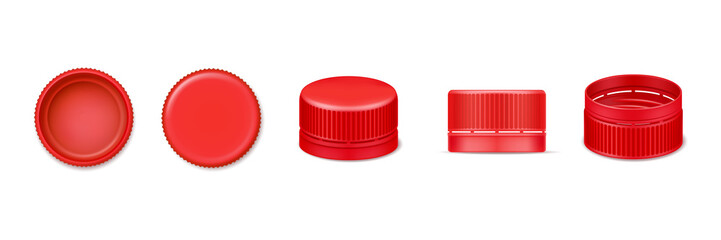 Set of isolated 3d bottle cap or vector realistic lid for water. Red beverage cover from top and bottom, side view. Design of plastic element for liquid cover. Garbage and recycle, fluid container - obrazy, fototapety, plakaty