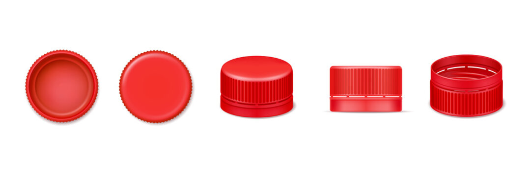 Set of isolated 3d bottle cap or vector realistic lid for water. Red beverage cover from top and bottom, side view. Design of plastic element for liquid cover. Garbage and recycle, fluid container