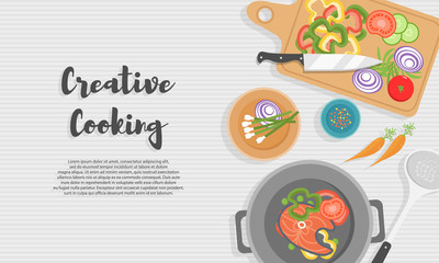 Cooking food, kitchen. 