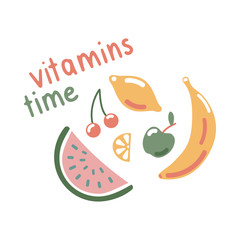Flat cartoon colorful vector illustration with lemon, banana, apple, cherry and watermelon. Vitamins time. Isolation concept, health care. Illustration isolated on white background