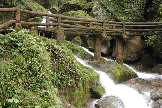  wooden bridge across a waterfall river in a mountain forest in Sichuan, China