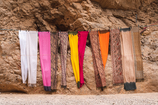 Row of scarves for sale, Ouarzazate, Morocco