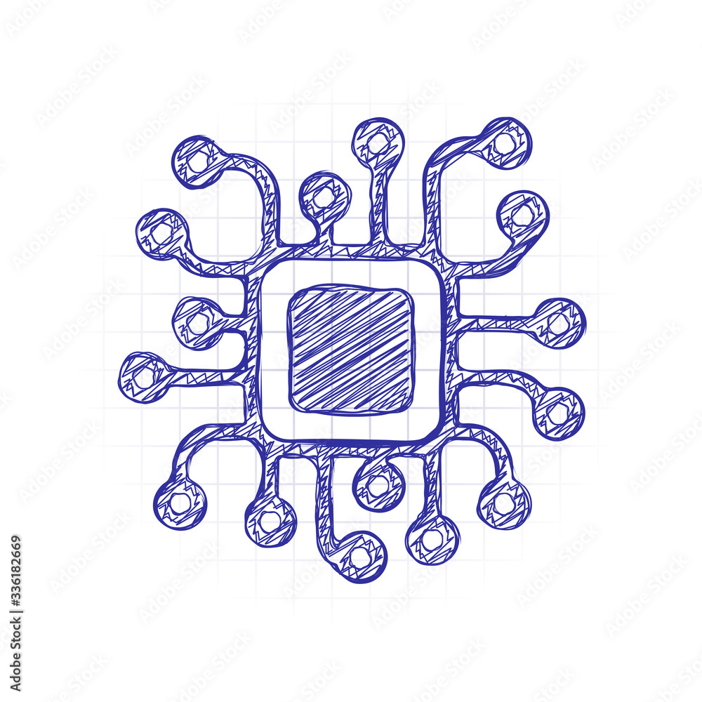 Poster processor chip, computer microchip, cpu chipset. technology icon. hand drawn sketched picture with s