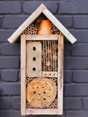 Insect hotel made of natural materials and as a nesting aid for many different small insects