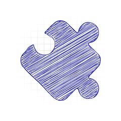 Piece of puzzle, sign of logic, simple icon. Hand drawn sketched picture with scribble fill. Blue ink. Doodle on white background