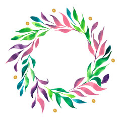 Watercolor circle wreath of twigs and golden dots