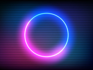 Neon retro circle with VHS effect. Glitch round frame on color backdrop. Futuristic glowing element. Pink and blue electric light for poster, banner or game. Vector illustration