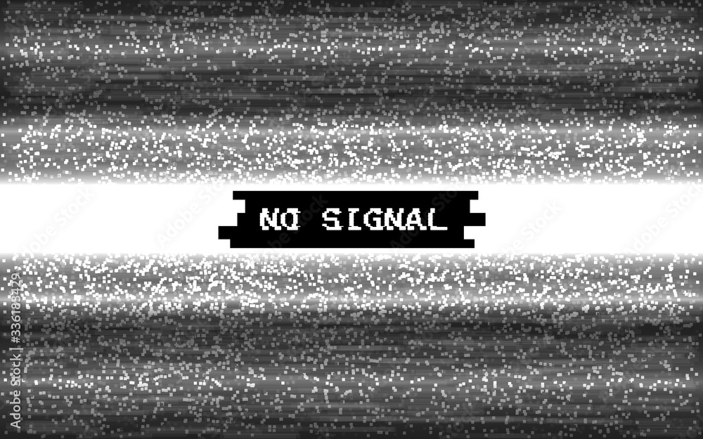 Poster glitch no signal. pixel video template. white and black lines noise. retro vhs effect. monochrome te