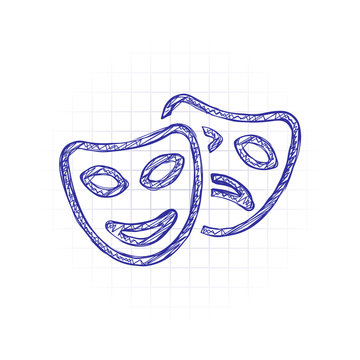 Smile and sad masks, comedy and drama theater, opposite emotions. Linear outline icon. Hand drawn sketched picture with scribble fill. Blue ink. Doodle on white background
