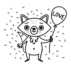 Funny and cute fox for greeting card with balloon and lettering 