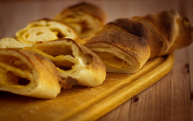 Fragrant homemade bread on a wooden board