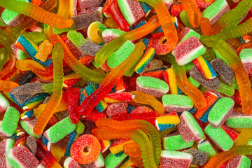 Assorted gummy candies. Top view. Jelly  sweets background.