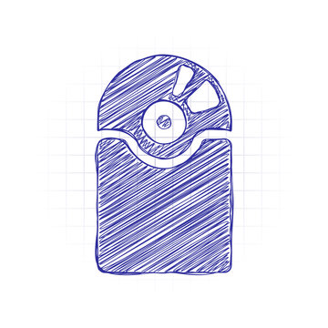 Vintage vinyl and cover, audio disc, music album. Simple icon. Hand drawn sketched picture with scribble fill. Blue ink. Doodle on white background