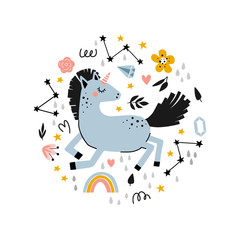 Doodle round composition with unicorn