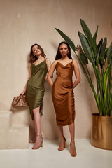 Two fashion model brunette hair wear green  brown silk dress sandals shoes accessory clothes date...