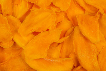 Tasty sugar mango slices background. Top view.