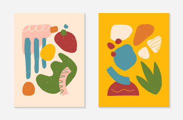 Set of creative universal artistic cards.Modern vector illustrations with hand drawn organic shapes and textures.Trendy contemporary design for prints,flyers,banners,brochures,invitations,covers.