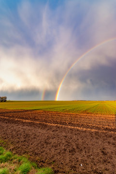 UK, Scotland, Double rainbow over agricultural field