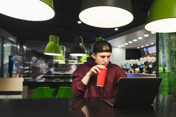Fototapeta premium Portrait of a focused young freelancer man in casual clothes, uses a laptop and sings a cool red cola cola in a fast food cafe, looking into the screen with focus. Freelancing concept.