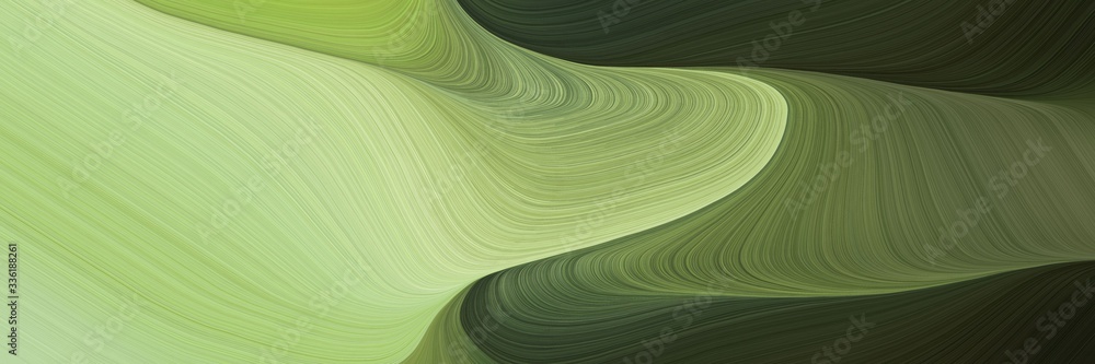 Poster elegant flowing designed horizontal header with dark khaki, very dark green and dark olive green colors. fluid curved lines with dynamic flowing waves and curves