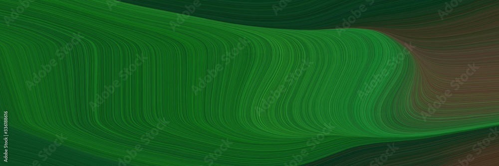 Poster elegant decorative designed horizontal header with forest green, dark olive green and very dark green colors. fluid curved lines with dynamic flowing waves and curves