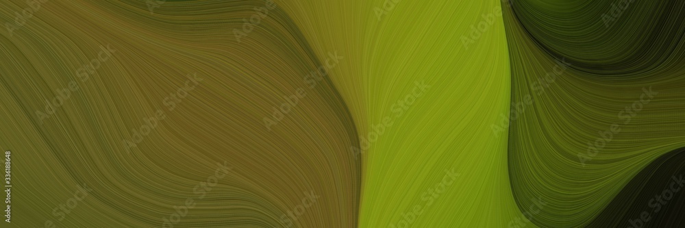 Poster elegant flowing designed horizontal header with dark olive green, olive and very dark green colors. fluid curved lines with dynamic flowing waves and curves