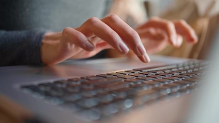Close-up of female hands typing laptop keyboard. young woman using laptop - Powered by Adobe
