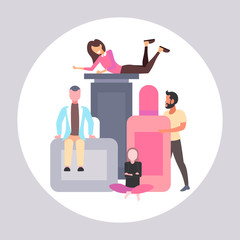 people using beauty spa care products men women near cosmetic packaging natural cosmetology skin treatment concept horizontal full length vector illustration